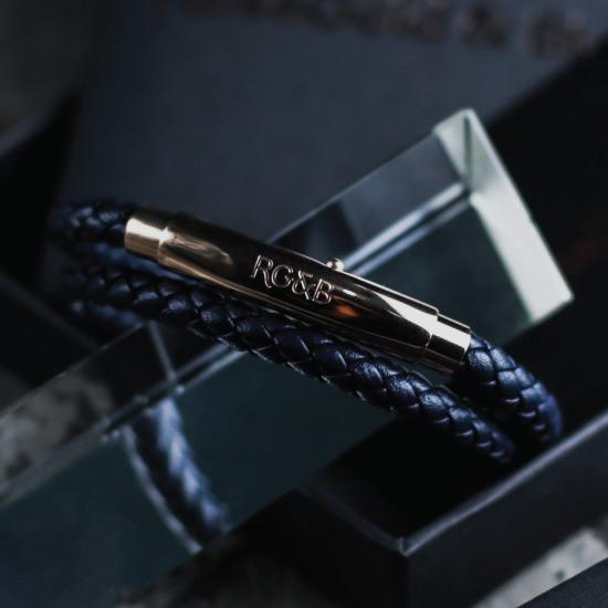Double Leather Bracelet - Our Men's Double Leather Bracelet with Navy Leather and a Polished Rose Gold Adjustable Clasp Engraved with our Signature RG&B Logo.